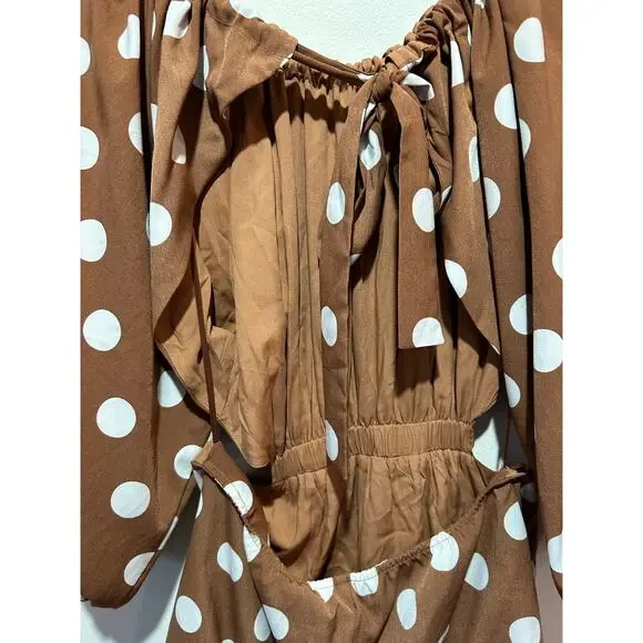 Dee Elly brown polka dot dress size M short cut outs puff sleeve lined - Picture 5 of 9